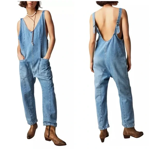 Free People We The Free High Roller Denim Jumpsuit Overalls XS - Picture 6 of 7